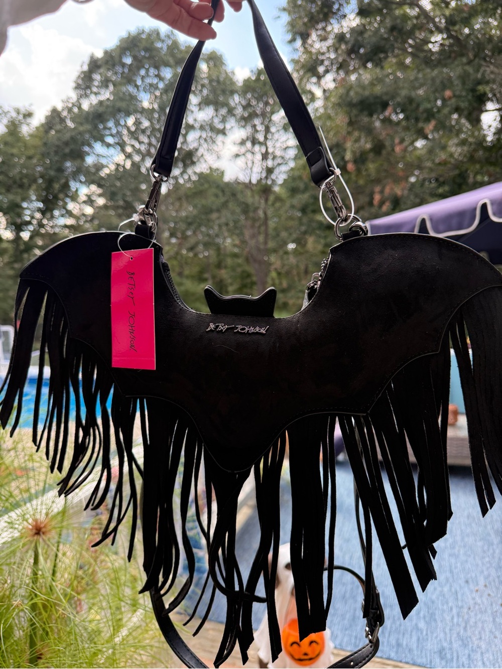 Betsey Johnson Black Bat Fringe Shoulder Bag with Pink Tag